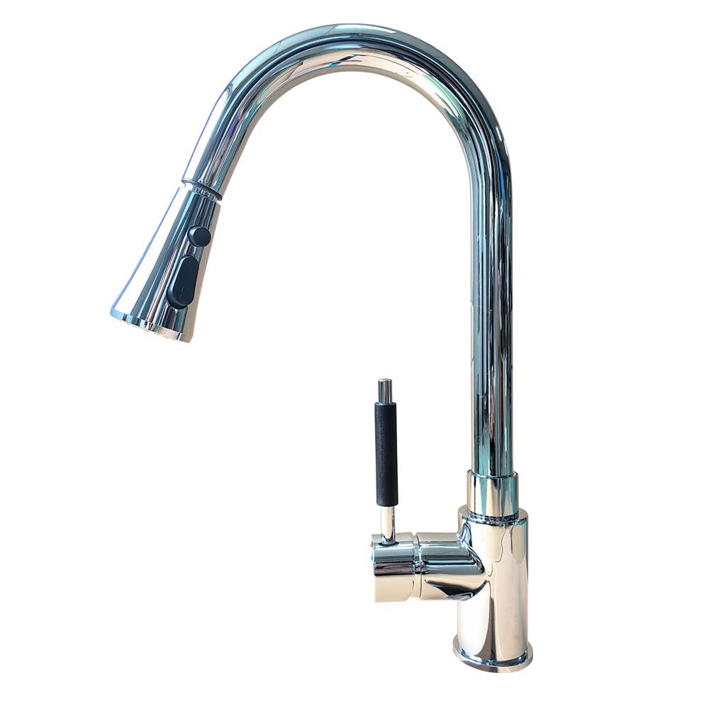Heable Kitchen Sink Mixer Tap with Pull Down Sprayer, Single Handle High Arc Pull Out Taps, Solid Brass Faucet with UK Standard Fittings (Chrome)