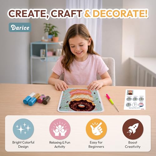 Image of Darice Latch Hook Rug Kit, Donuts Design DIY Latch Hook Kit for Kids & Adults, Color Canvas, PreCut Yarn & Hook Tool, Craft Activity & Gift for Kids