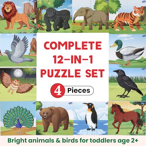 Image of My First Puzzle Set of 12 Jigsaw Puzzles (48 Pieces) | Animals & Birds | Fun & Educational Puzzles for Kids Age 2+ | Cardboard Puzzles for Preschool | Gift for Boys & Girls