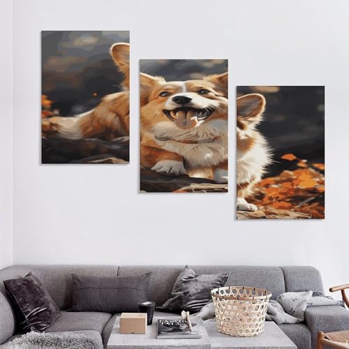 Toile murale triptyque corgi pour décoration verticale de salon