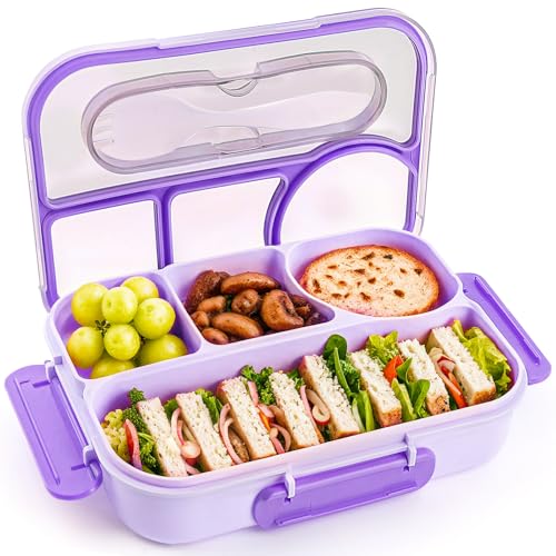 Image of EASYFUN Bento Box Adult, Lunch Box, 4-Compartment Lunch Containers, Drop-Proof, Dishwasher Safe & Made with BPA-Free Materials (Purple)
