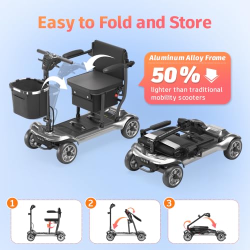 Image of 43lb Lightweight Mobility Scooter for Seniors - Airline & Cruise Approved | Foldable Portable Travel Motorized Scooters for Adults Elderly 4 Wheel with Removable Battery, 12.4MI, 300lb Capacity, Silver