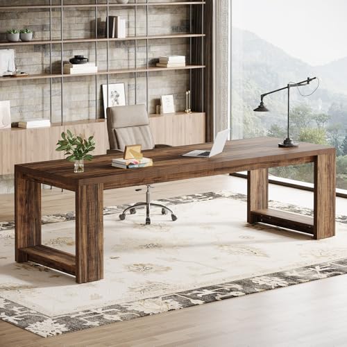 Image of Tribesigns 2 Person Desk Set of 2, 86.6 Inches Extra Long Desk, Two People Computer Writing Table, All Wood Large Desks Workstation for Home Office, Rustic Brown