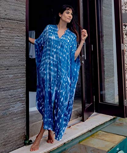 Swimsuit Cover Ups Women Tie Dye Caftan Plus Size Caftans Kimono Cardigan Half Sleeve Sleeve Vneck Caftan Dresses Button Down Open Front Beach Blouse Side Split Maxi Beach Dress (8612 Blue Tie-Dye) #TOP4