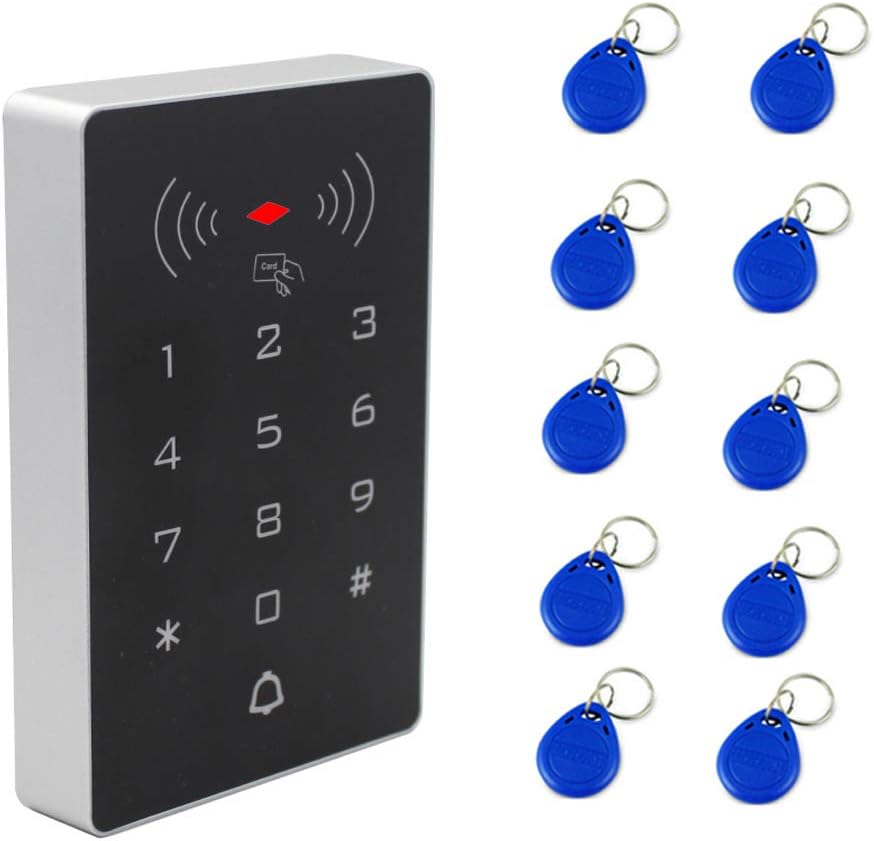 BSTUOKEYSecurity Access Control Keypad 125Khz RFID Keypad Door Access Control System kit 2000 Users Wiegand 26-bit Input Output Proximity RFID Card Reader Gate Opener Digital Keypad with 10 Keychain