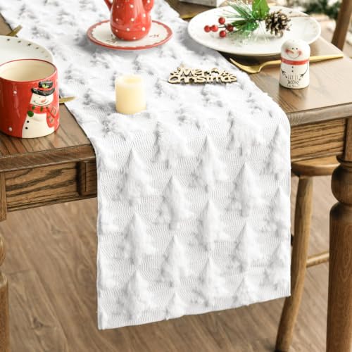 Artoid Mode Christmas Trees Soft Plush Faux Fur Jacquard Christmas Table Runner, Holiday Kitchen Dining Table Decoration for Home Party Decor 13x90 Inch
