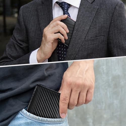 Image of Chelmon Slim Wallet for Men ID Window with RFID Blocking Front Pocket Minimalist Bifold Bussiness Card Holder Gift for Men, Carbon Black & Red