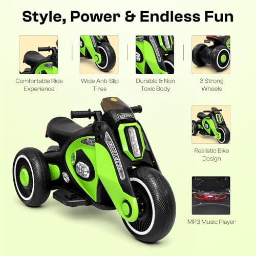 Image of Toyzone Rambo Electric Bike (Green) |12V Rechargeable Bike for Kids with 4.5Ah Battery | LED Lights, Music, MP3 | Smooth Acceleration | 6M Battery Warranty | for Big Kids Age 4-12 Years, Up to 35kg