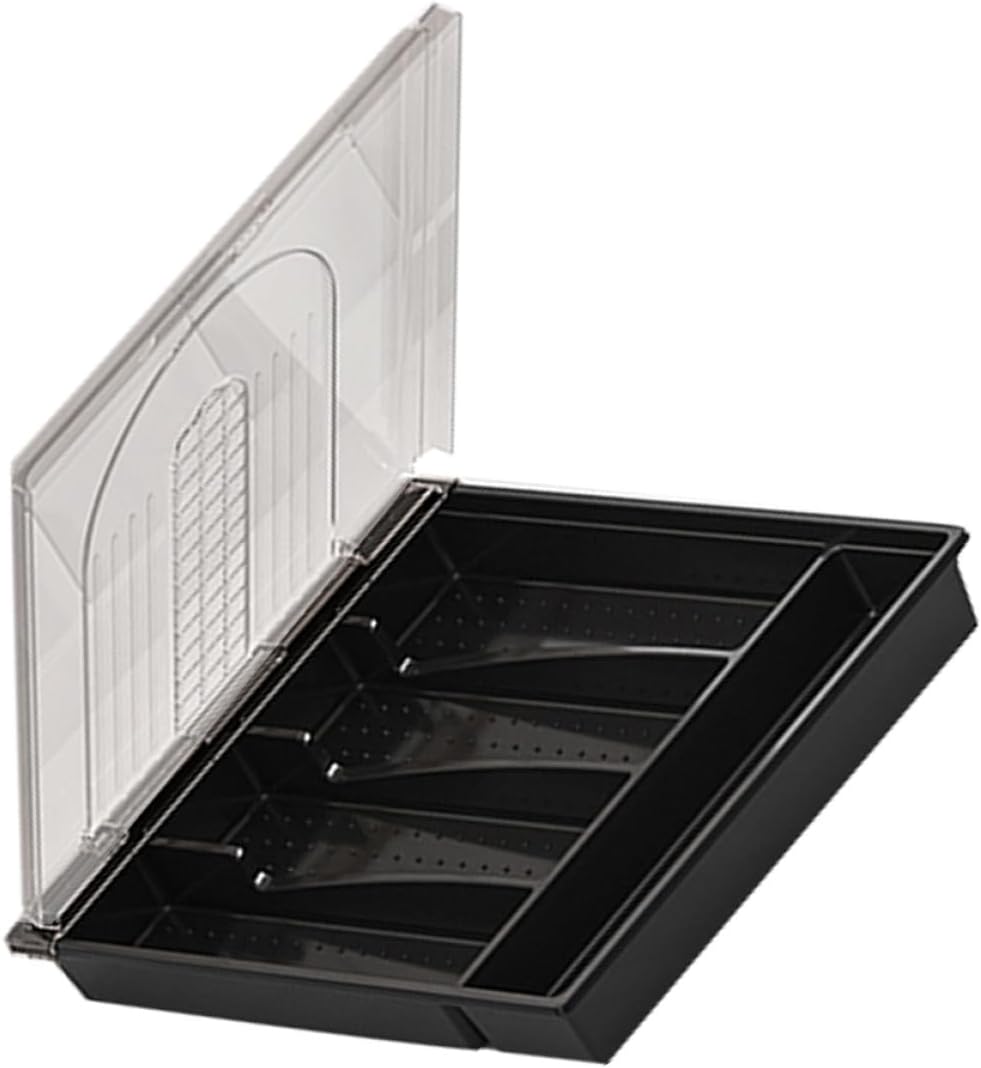 INOOMP Large Flip Lid Kitchen Utensil Organizer Box with Compartments, Black Cutlery Storage Container for Forks, Spoons, Knives – Multi-function Silverware Drawer Organizer for Home