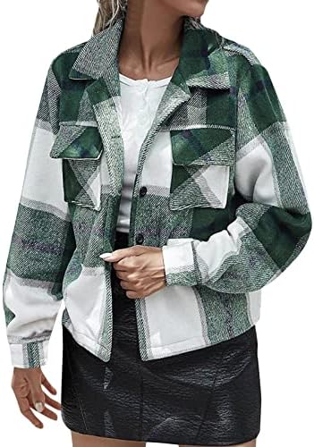 Womens Fashion Autumn Winter Lapel Single Breasted Plaid Jacket Short Top Fuzzy Fleece (Green, S)