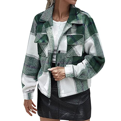 Womens Fashion Autumn Winter Lapel Single Breasted Plaid Jacket Short Top Fuzzy Fleece (Green, S) #TOP2