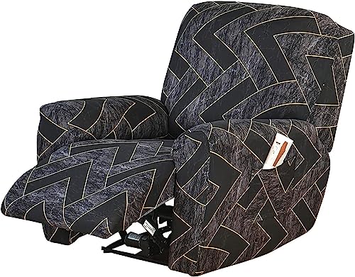 Image of House of Quirk Polyester Recliner Slipcover 4 Pieces Stretch Printed Chair Covers with Side Pocket Sofa Couch Cover Anti-Slip Fitted Recliner Cover Furniture Protector - Black Trellis