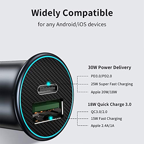 Usb C Car Charger, Worsors 30W Pd Super Fast Charging Car Adapter Mini All Metal Comaptible For Samsung Galaxy S21 Ultra/Plus/S20, Note 20 Ultra/10+, Google Pixel 6 Pro/6 + 2 Pack 3Ft Type C Cable #TOP2