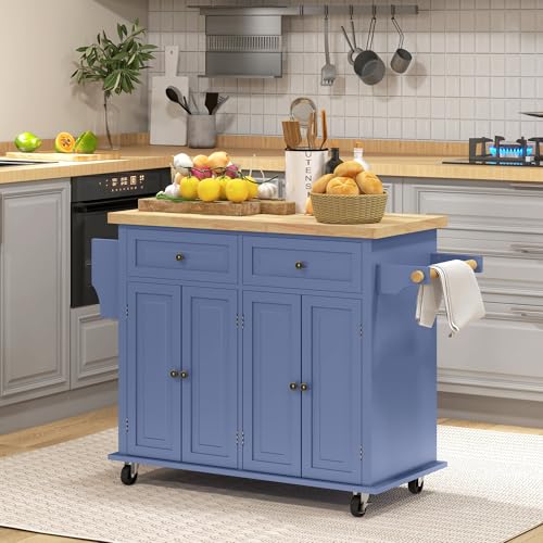 image for HOMCOM Kitchen Island on Wheels, Rolling Cart with Rubberwood Top, Spi
