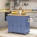 HOMCOM Kitchen Island Cart with Rubber Wood Top, Rolling Kitchen Island Table on Wheels with Drawers, Adjustable Shelves, Spice Rack and Towel Rack for Dining Room, Navy Blue
