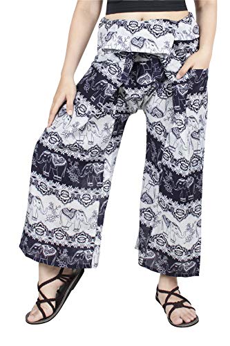 LOFBAZ Fisherman Yoga Pants for Women Harem Boho Travel Clothing Elephant Thai Beach Clothes Hippie Gypsy Indian Pajamas Elephant 23 Navy One Size