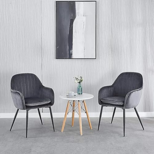 Image of Pair of 2 Stylish, Modern, Elegant & Comfortable Velvet Arms Chairs for Dinning Living Hotel Cafe (2 Chairs) (Grey Black Legs)