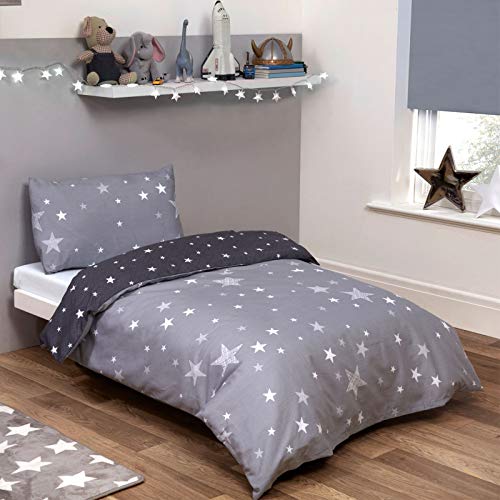 Dreamscene Galaxy Stars - Funda de edredón con Funda de Almohada para niños, Reversible, Color Gris Plateado, tamaño Individual.