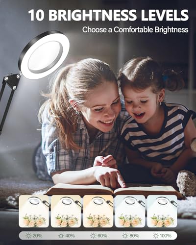 Image of TANYO 10X Magnifying Glass with Light, Real Glass Len Magnifier with Light with 3 Color Mode Dimmable, Dual Swing Arm Hands Free LED Desk Magnifier Lamp for Jewelry Sewing Crafts Embroidery Repair