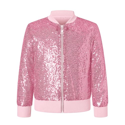 SANGTREE Girl's Sequin Baseball Jacket Casual Long Sleeve Front Zip Bomber Jackets,2T - 14 Years
