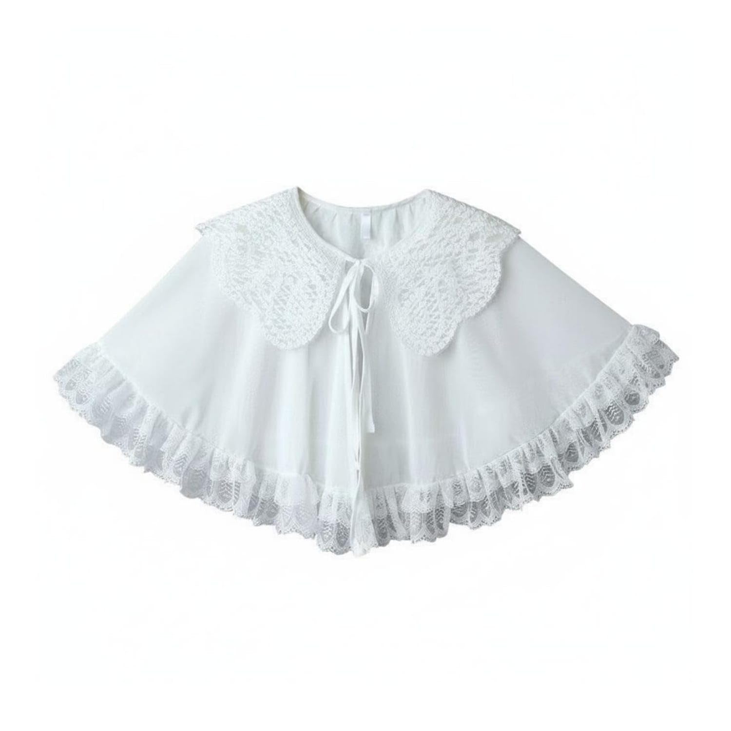 APIRILY Ruffle Trim Shawl Lightweight Transparent Summer Poncho White Lace Capelet Ruffled Hem Lace Collar Cloak Tie Front Closure, White-image-31
