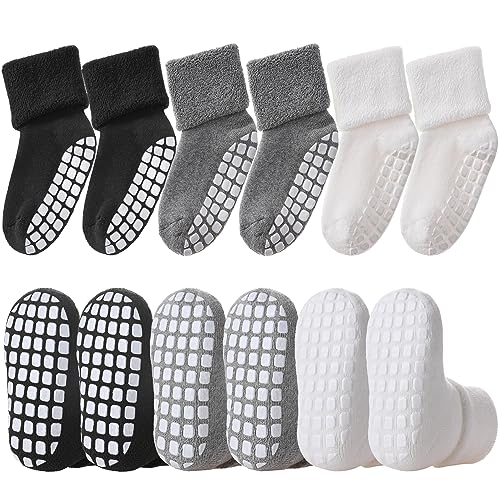Image of LANLEO Baby Girls Boys Non Slip Socks with Grips Toddler Kids Unisex Warm Thick Cotton Ankle Crew Socks with Grippers