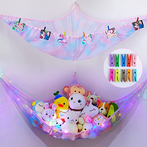 Fiobee Stuffed Animals Net Or Hammock, Stuffed Animals Storage Holder Toy Hammock Organizer Hanging With Led Light Photo Clips For Nursery Play Room Kids Bedroom Pack Of 2 #TOP8