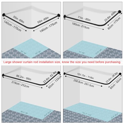 Image of Stretchable 304 Stainless L Shaped Bathroom Bathtub Corner Shower Curtain Rod Rack (Black 24 inch-69 inch x 24 inch-85 inch, Maximum size 114''), Drill Free Install, for Bathroom,Clothing Store,Private space