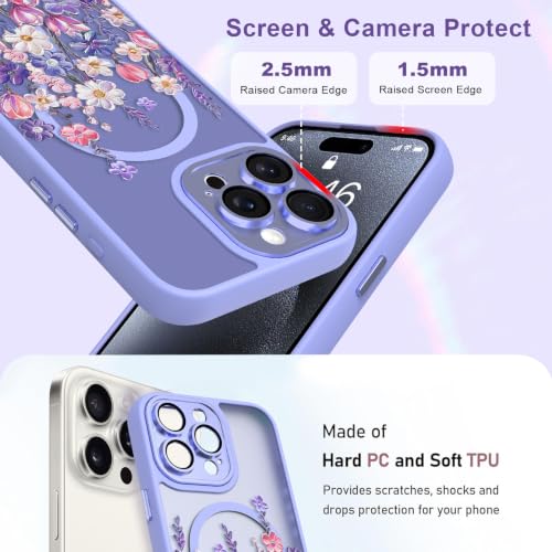 Image of Magnetic for iPhone 15 Pro Max Case with for Women, Purple Floral | Cute Oil Painting Flower Pattern Design [Compatible with MagSafe] [Full Camera Protection] Translucent Slim Shockproof Cover