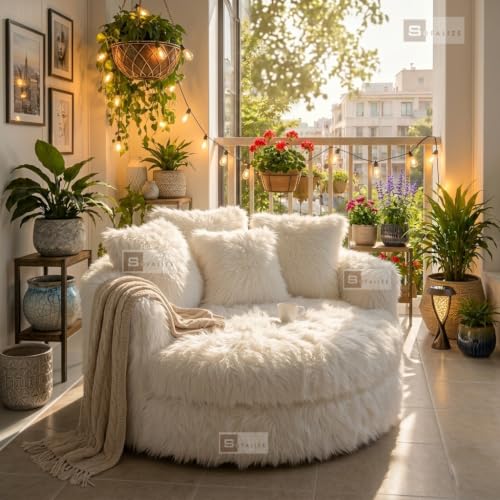 Image of SOFALIZE - Modern Barrel Accent with Pillows Round Sofa Combines Contemporary Design Oversize Arm Chair Cozy Club Chair for Bedroom, Living Room, Lounge, Hotel & Office, Hallways (White Far Fabric)