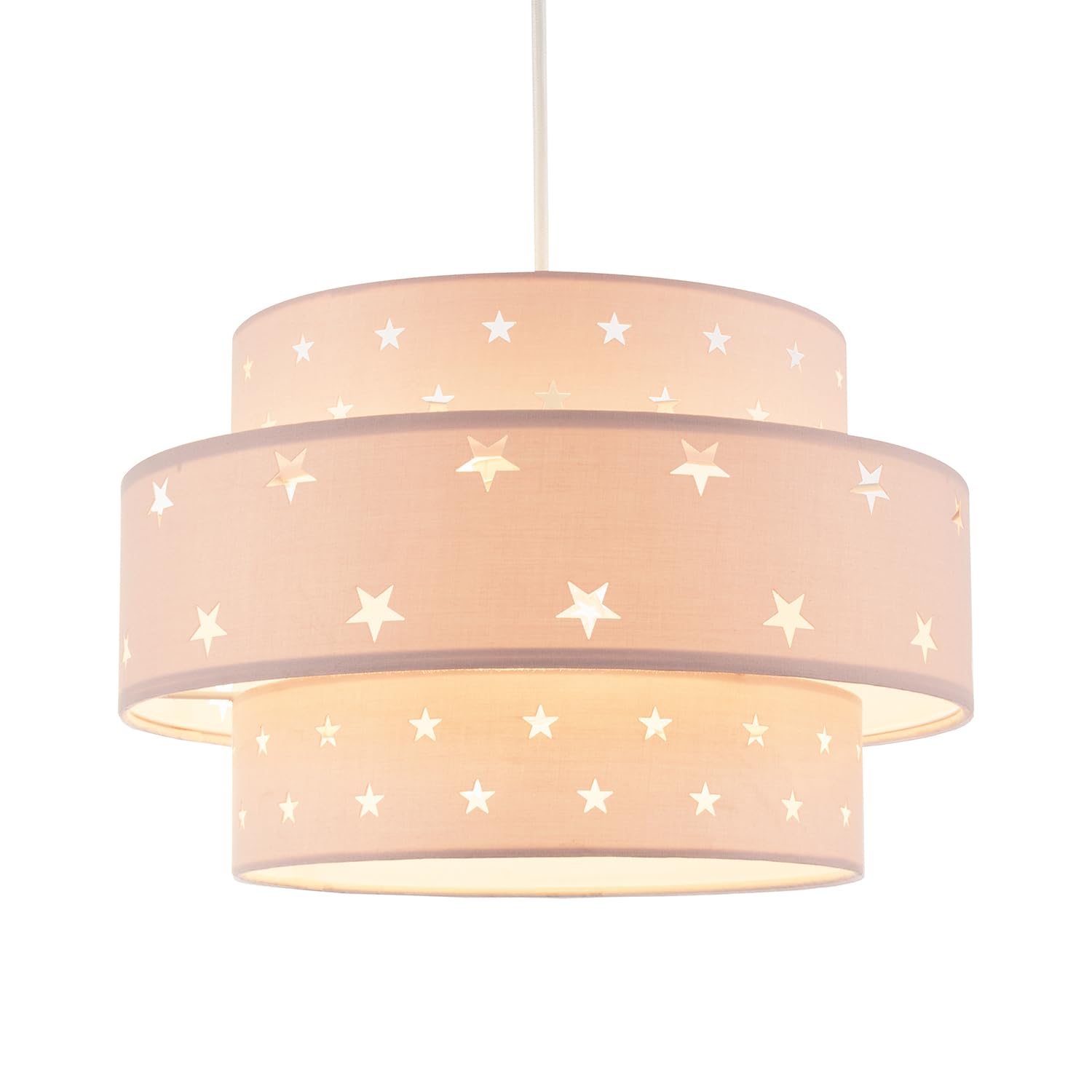 Unique and Modern Triple Tier Soft Pink Cotton Fabric Childrens Pendant Shade with Stars Decoration | 30cm Diameter | 11w Maximum by Happy Homewares