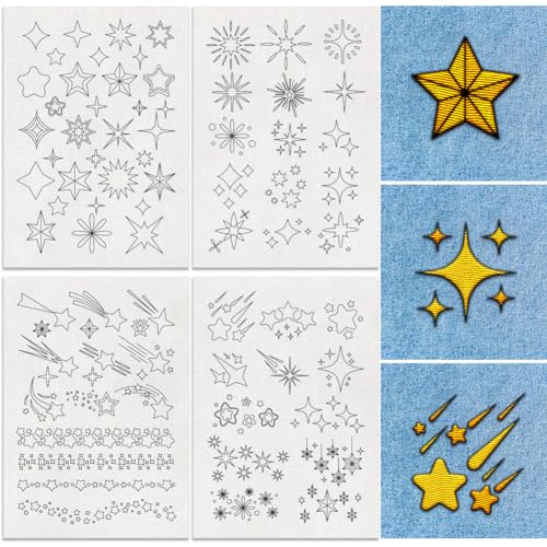 DOODLREAM 78Pcs Stars Water Soluble Hand Sewing Stabilizers, 8.3"x11.7" Shooting Stars Embroidery Pattern Stabilizer, 4 Sheets Stick and Stitch Embroidery Paper Sticker