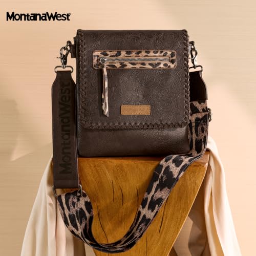 Image of Montana West Crossbody Bags for Women with Dual Compartments Western Cross Body Purse with Leopard Print Guitar Strap