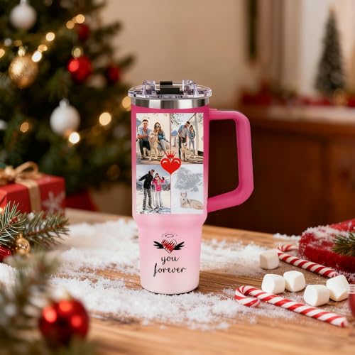 Image of Personalized 40oz Tumbler with Handle, Custom Insulated Tumblers with Pictures Logo, Stainless Steel Travel Coffee Mug, Personalized Gifts for Women Men Birthday Fathers Day Mothers Day (4 PHOTOES)