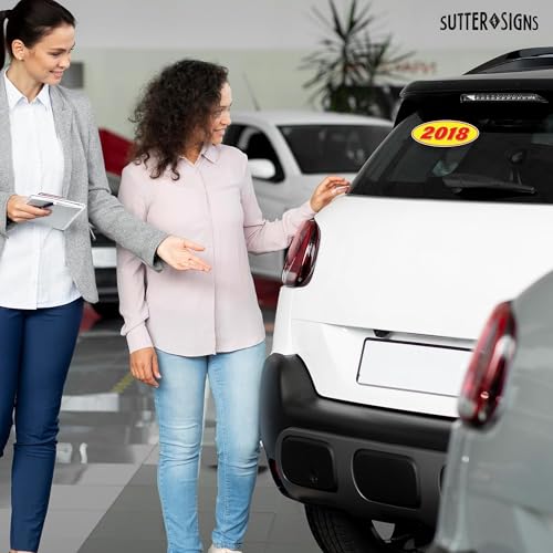 Image of 2018 Car Model Year Windshield Stickers | 14 inch x 5.5 inch Oval Stickers for Car Dealerships, Vehicle Windshields (Pack of 12)