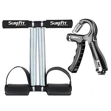 SUREFIT Tummy Trimmer Double Spring with Foam Grip & Adjustable Hand Gripper with Repetition Counter – Abdominal and Forearm Strength Combo for Home Gym, Weight Loss, Core Training, Arm Workout for Men & Women (BLACK) - image, photos