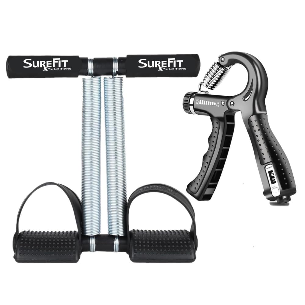 SUREFIT Tummy Trimmer Double Spring with Foam Grip & Adjustable Hand Gripper with Repetition Counter – Abdominal and Forearm Strength Combo for Home Gym, Weight Loss, Core Training, Arm Workout for Men & Women (BLACK)