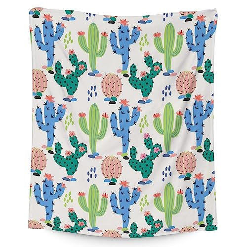 Cactus Throw Blanket - Soft, Fuzzy & Warm - 50x60 Inches Flannel Blankets for Living Room, Sofa - White Aesthetic Throws Gift for Teen
