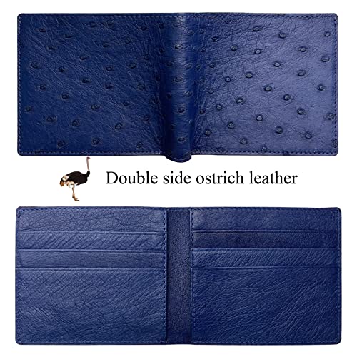 Image of HATA Navy Blue Mens Ostrich Leather Bifold Wallet Double Side RFID Blocking Luxury Large Capacity Credit Card Holder Front Pocket Slim Wallet Gift For Him Handmade Vietnamese VINAMOS-04