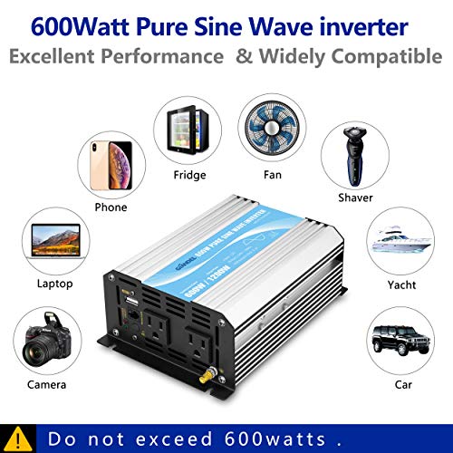Power Inverter Pure Sine Wave 600Watt 12V DC to 110V 120V with Remote Control Dual AC Outlets and USB Port for CPAP RV Car Solar System Emergency