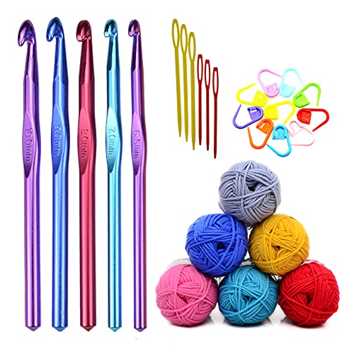 Katech Crochet Hooks Set Includes 5 pcs Crochet Hooks and 6 pcs Random Colors Yarn Skeins for Crochet and Knitting, Ergonomic Crochet Needle Yarn Kits DIY Yarn Weaving Tool for Crochet Lovers