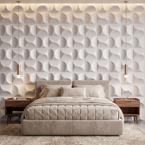 Image of Kayra Decor 3D PVC Wall Panels | Arc Design | White Color | Panels for Bedroom & Living Room | 19.7 x 19.7 Inch | Pack of 40 | 107.6 Sq Ft