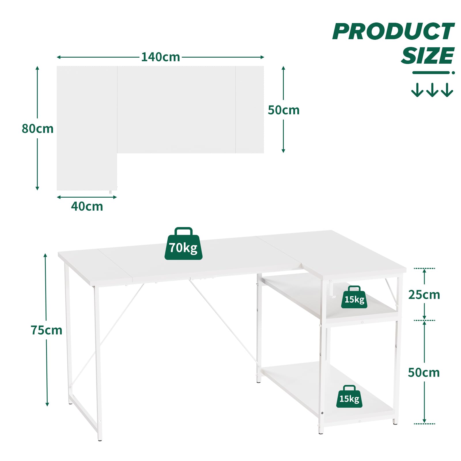 TRIUMPHKEY Scrivania ad Angolo Reversibile 140 x 80cm, Scrivania a Forma di L con Ripiani,Tavolo da Lavoro,Struttura in Acciaio, per Computer, Ufficio, Studio and Soggiorno, Bianco