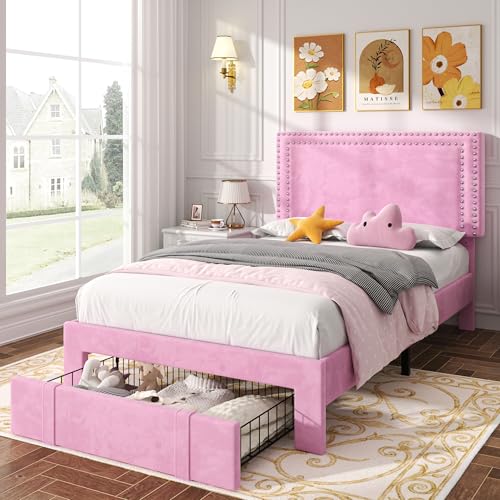 VECELO Twin Size Bed Frame with Storage Drawer, Adjustable...
