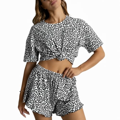 Image of Pajama Set for Women Short Sleeve Tops and Ruffle Shorts Leopard Print Sleepwear Soft Lounge Set 2 Piece Pj Sets
