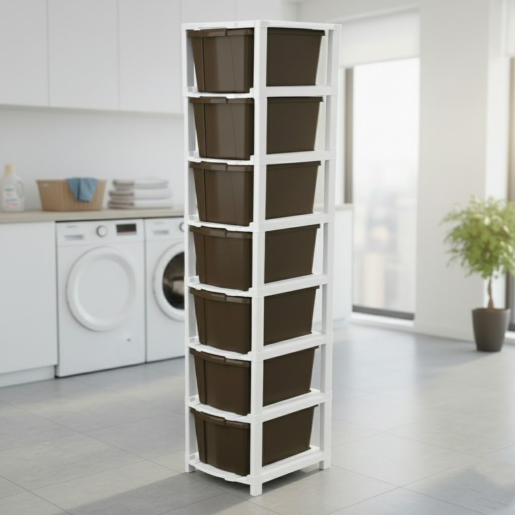 Plastic Wardrobe Organizer Storage Box - Durable Plastic Box for Storage Solutions, Multipurpose Closet Organizer with Easy Assembly, Ideal for Home and Office Use (Brown, 7-Tier)