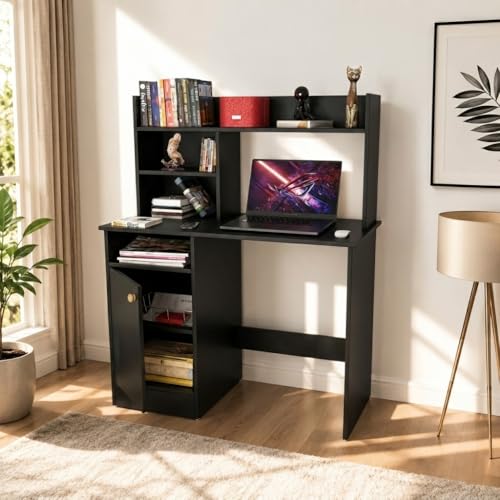 Image of SPYDER CRAFT Modern Indus Engineered Wood Study Table with Storage Shelf | Clean Minimalist Computer Desk for Home, Office, & Bedroom | Durable & Easy to Clean - (Black) (Assembly DIY)