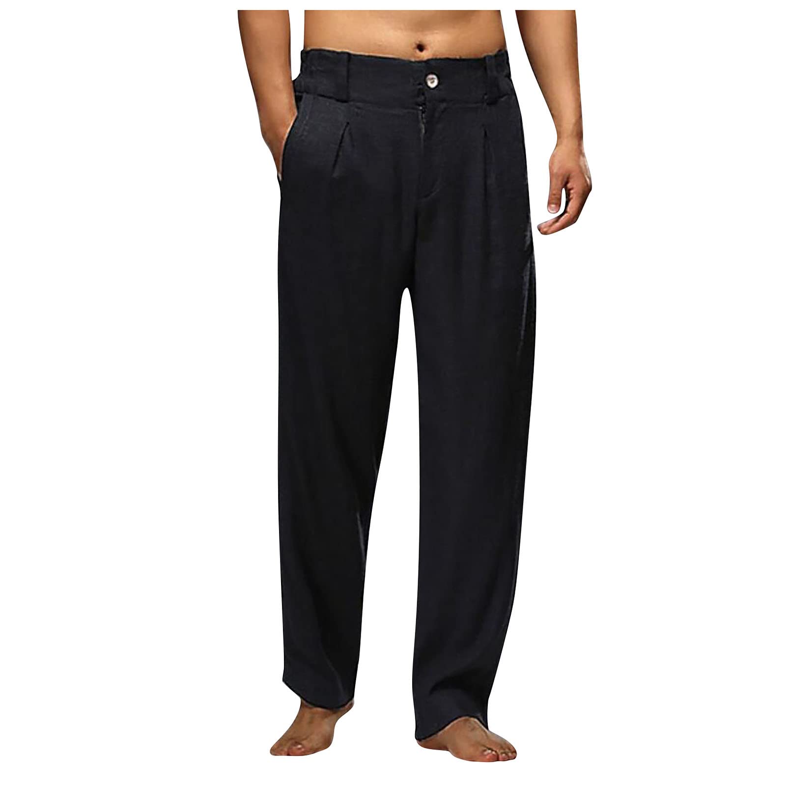 SJWCLYS Mens Linen Beach Pants,Drawstring Casual Cropped Trousers Lightweight Loose Beach Yoga Pants with Pockets