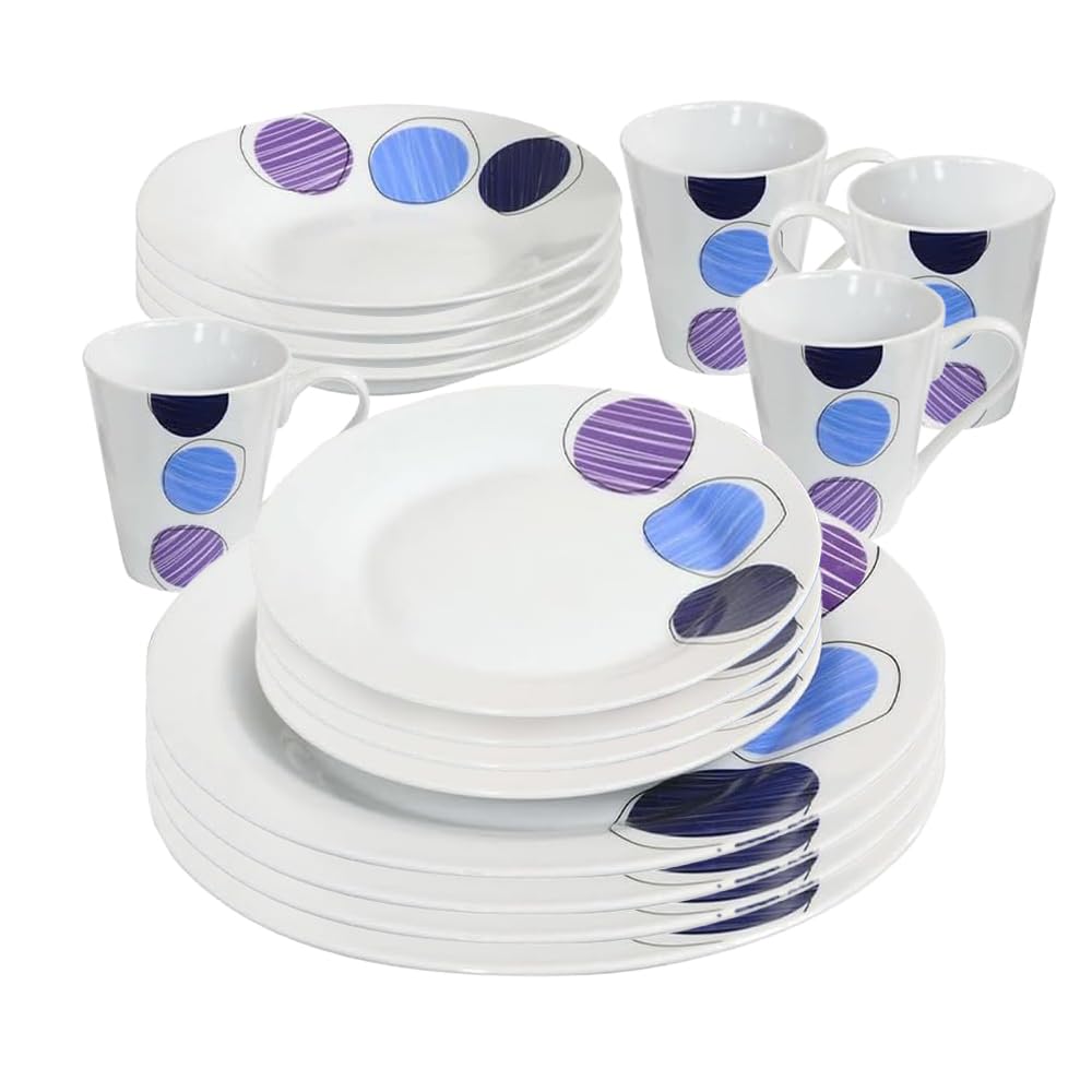 Bargains-Galore Blue & Purple Patterns 16 Piece Dinner Set - Dinnerware Set | 4 Bowls, 4 Side Plates, 4 Mugs, 4 Soup Plates | Kitchen Microwave & Dishwasher Safe - For Cereal, Desserts, Porcelain Cup, Gift