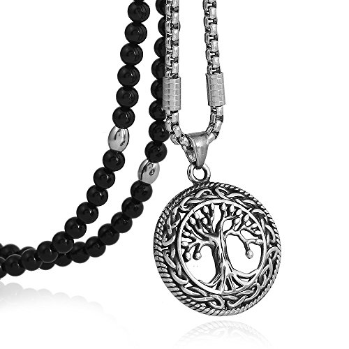 Collier Arbre de Vie en acier inoxydable et agate noire de qualité